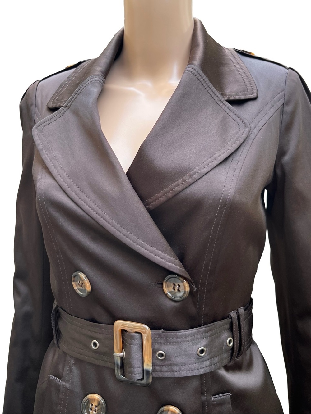 Suzy Chocolate Brown Sateen Belted Trench Coat S - Picture 5 of 11